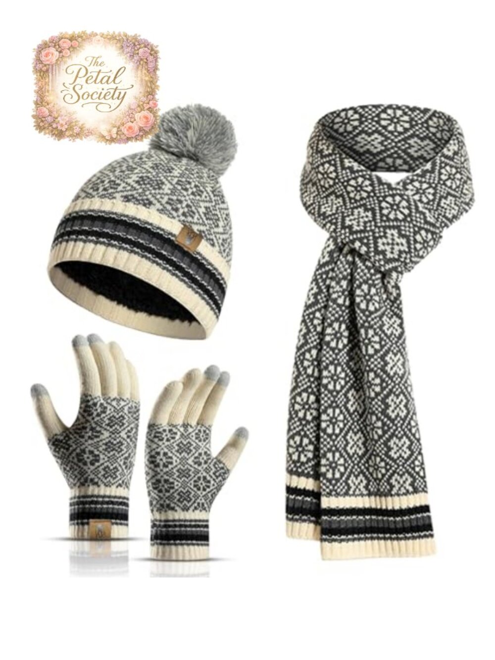 Acrylic Knit Winter Beanie Scarf & Touchscreen Gloves 3 Piece Set